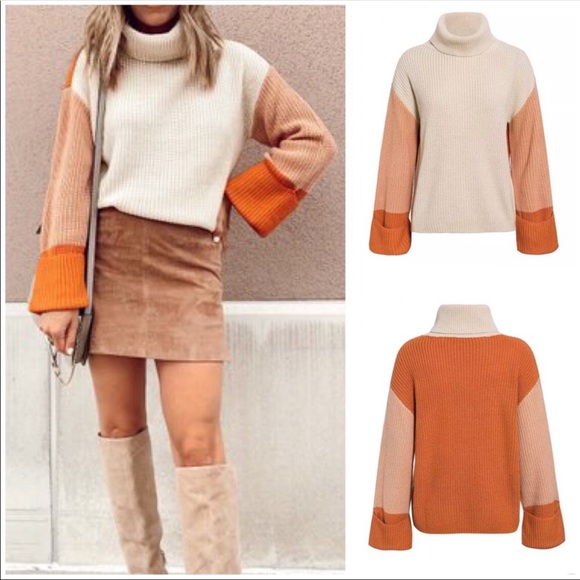 Sweaters - New! Cream Orange Color Block turtleneck sweater